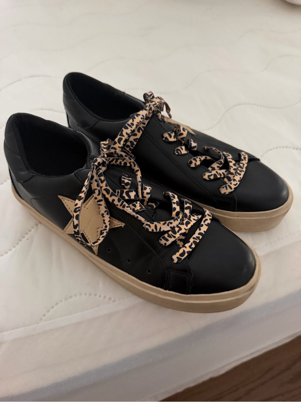ShuShop Black Sneakers with Leopard-Print Laces and Tan Accents